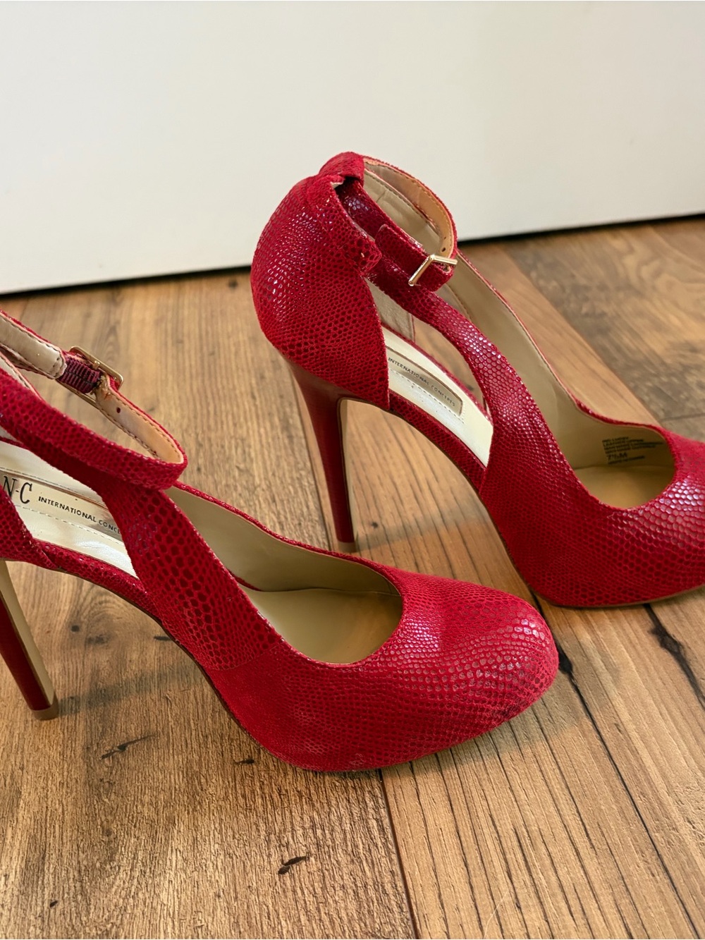 INC International Concepts Red Snakeskin Ankle-Strap Stiletto Pumps